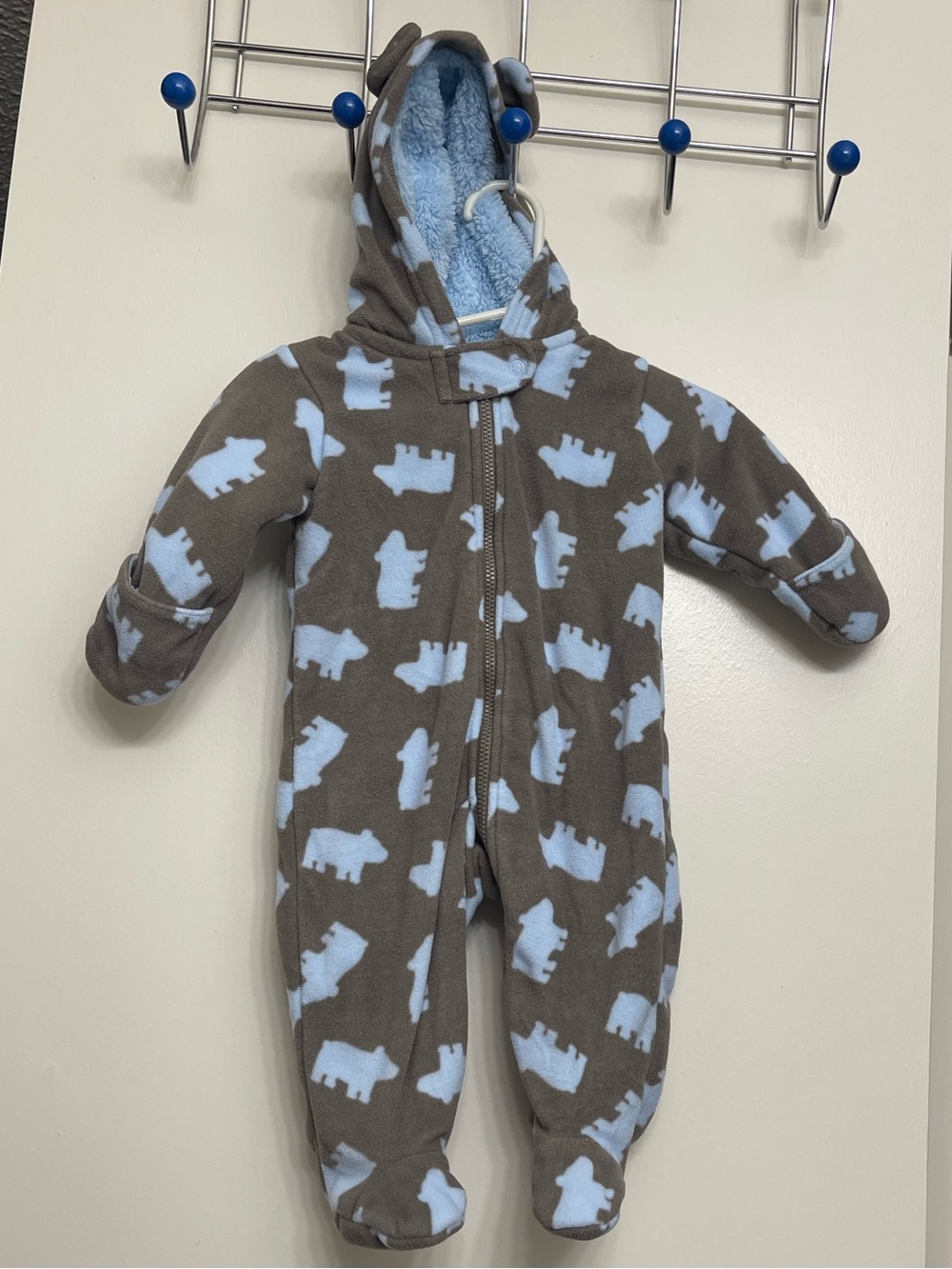 Carter's Brown Fleece Baby Footed One-Piece with Light Blue Bear Print